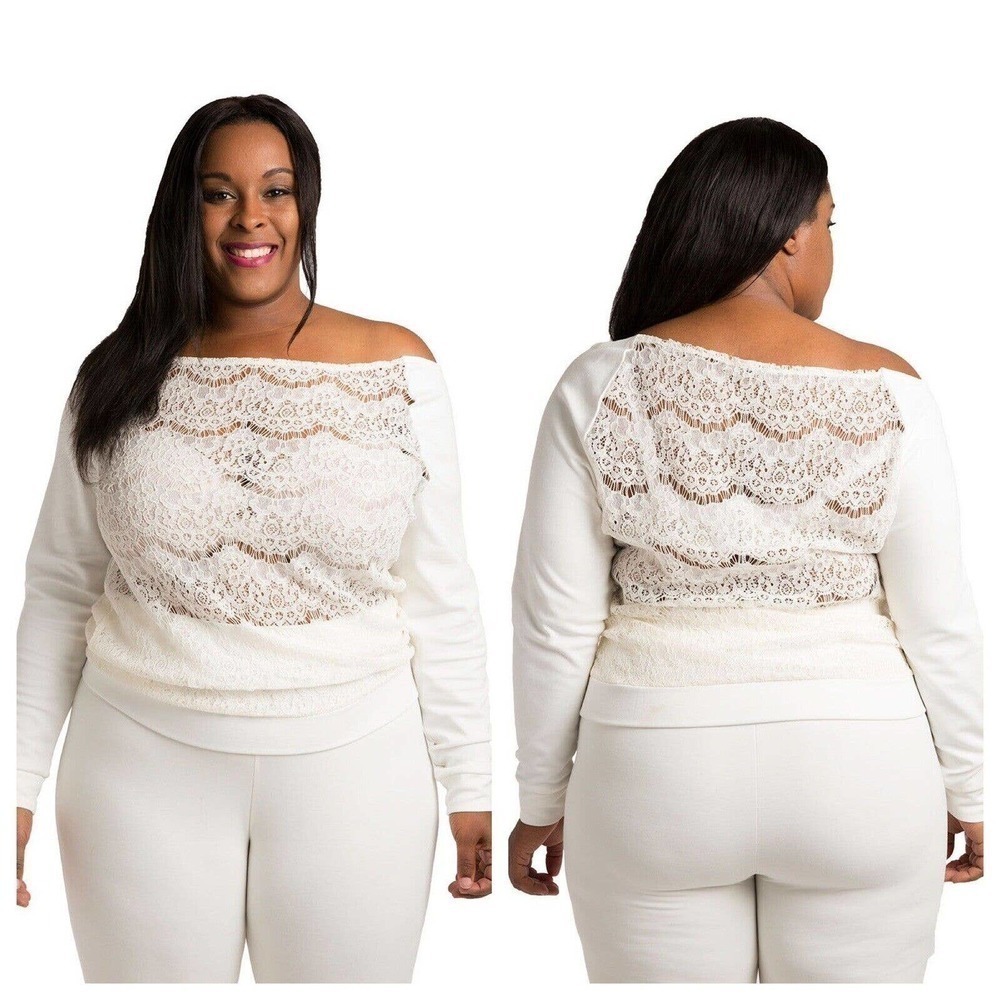 Poetic Justice Nia Lace Boatneck Top Size 2X Ivory Sheer Pointe Long Sleeves NEW